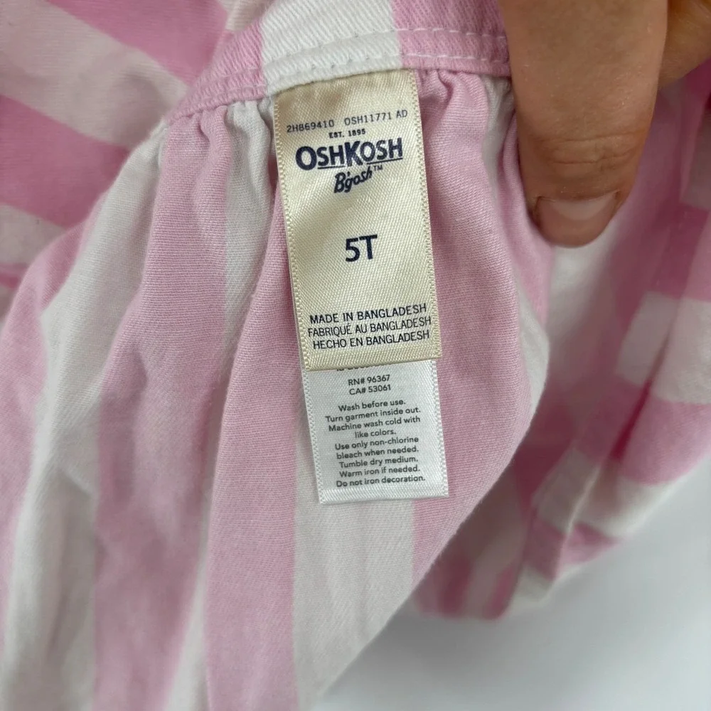 OshKosh B'gosh Overall Dress Kids 5T Pink White Striped Denim Hickory Preppy